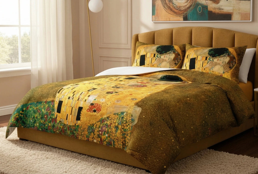 Stanza con letto matrimoniale, sul letto un copripiumino del bacio di klimt, colori caldi